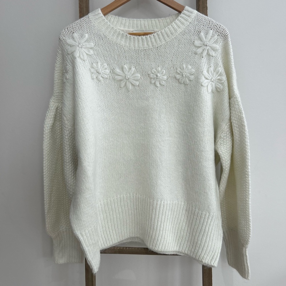 Free Assembly White Floral Knit Crewneck Sweater Women’s Size XXL NWT